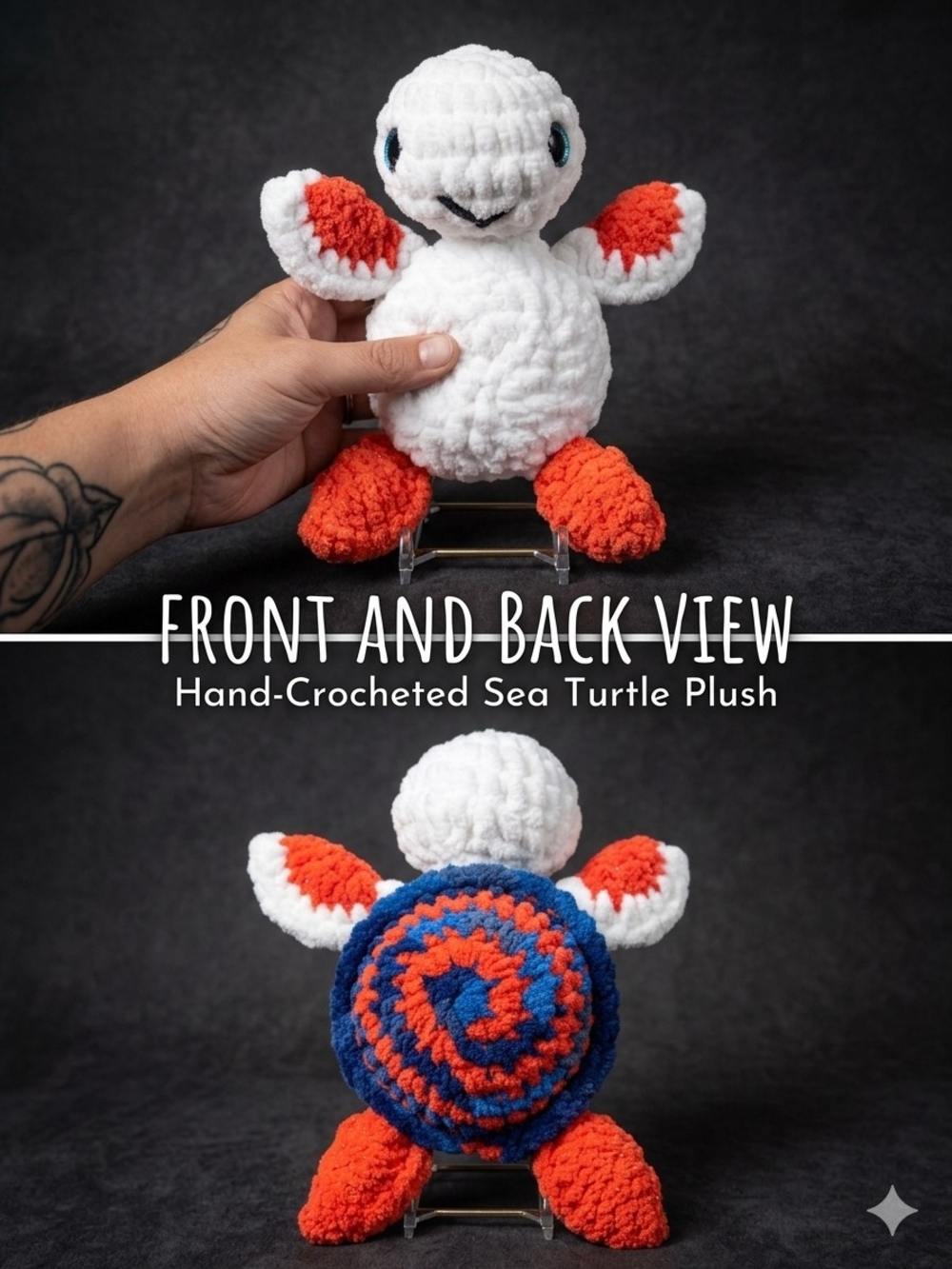 Hand-Crocheted Sea Turtle Plush Toy - White, Orange & Blue